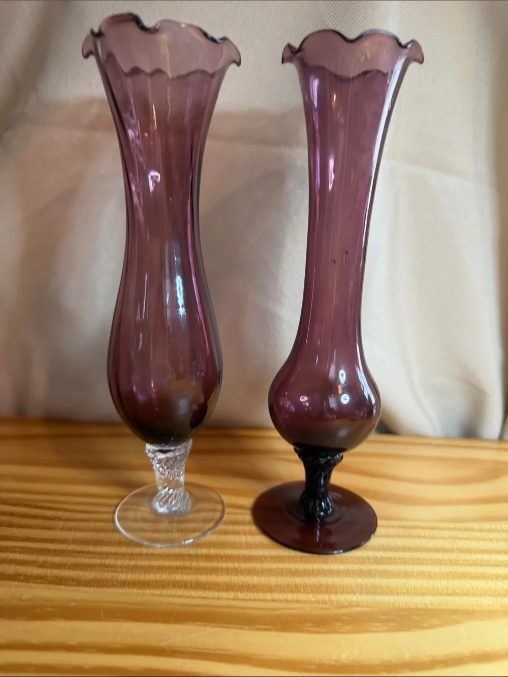 Vintage Amethyst Glass Bud Vases Mismatched Pair Mid Century Modern Ruffled